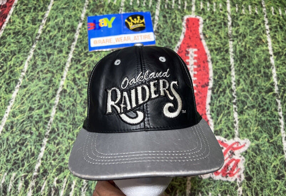 Vintage 90s Team NFL Oakland Raiders Snapback Hat Cap Black Leather Football NFL