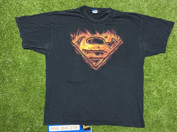 Rare Vintage Superman Flaming Fire S Logo T Shirt 90s 2000s Superhero 7198