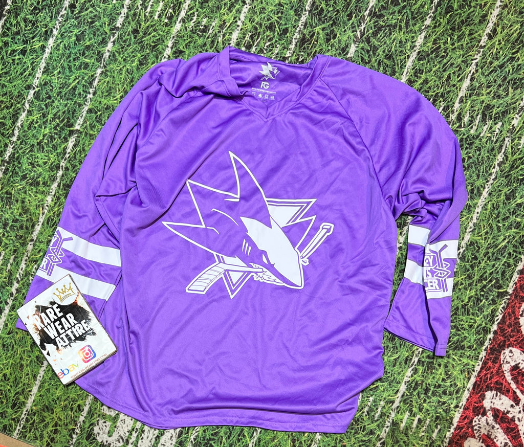 San Jose Sharks Hockey Fights Cancer 2021 Shirt Jersey Medium Purple SGA